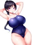  1girl armpits arms_up bangs black_hair blue_swimsuit breasts character_request copyright_request covered_navel cowboy_shot eyebrows_visible_through_hair hair_tie_in_mouth highres huge_breasts long_hair mouth_hold one-piece_swimsuit ponytail purple_eyes simple_background solo standing swimsuit tsukumiya_amane white_background wide_hips 