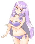  1girl arnest bandeau bangs bare_arms bare_shoulders bikini blush bow breast_hold breasts cleavage commentary_request cowboy_shot crescent crescent_hair_ornament eyebrows_visible_through_hair hair_bow hair_ornament head_tilt large_breasts long_hair looking_at_viewer navel no_hat no_headwear patchouli_knowledge purple_bikini purple_bow purple_eyes purple_hair side-tie_bikini sidelocks simple_background solo standing stomach strapless strapless_bikini swimsuit thighs touhou very_long_hair white_background 
