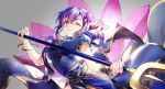  breasts erect_nipples fate/grand_order fate_(series) long_hair parvati_(fate/grand_order) ponytail purple_eyes purple_hair spear weapon wingtemple 
