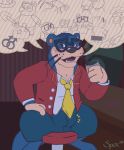  2020 animal_crossing anthro blush bottomwear bulge butt canid canine censored clothing eyes_closed eyewear glasses hi_res lutrine lyle_(animal_crossing) mammal mustelid necktie nintendo raccoon_dog shirt shorts sitting spectral-bat tanuki tom_nook_(animal_crossing) topwear video_games 