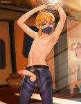  1boy adjusting_hair armpits arms_up ass_visible_through_thighs b_d_one belt blonde_hair blue_eyes blush censored collarbone elf erection eyebrows_visible_through_hair indoors link looking_at_viewer mask mosaic_censoring navel nipples otoko_no_ko parted_lips penis pointy_ears skin_tight the_legend_of_zelda topless 