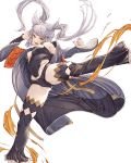  1214_goldfische 1girl absurdres animal_ears breasts brown_eyes covered_navel detached_pants erune fraux granblue_fantasy grey_hair highres kicking leotard medium_breasts robe twintails white_background 