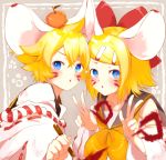  absurdres animal_ears bangs bare_shoulders black_collar blonde_hair blue_eyes bow calligraphy_brush collar commentary detached_sleeves double_w food food_on_head fruit fruit_on_head hair_bow hair_ornament hairclip hands_up head_to_head highres holding_brush japanese_clothes kagamine_len kagamine_rin light_blush looking_at_viewer mandarin_orange medium_hair mouse_ears neckerchief object_on_head open_mouth oyamada_gamata paintbrush paw_print red_bow sailor_collar school_uniform shirt short_ponytail spiked_hair swept_bangs upper_body vocaloid w white_shirt white_sleeves wide_sleeves yellow_neckwear 
