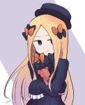  1girl abigail_williams_(fate/grand_order) bangs black_bow black_dress black_headwear blonde_hair blue_eyes blush bow closed_mouth commentary_request dress fate/grand_order fate_(series) hair_bow hat highres kujou_karasuma long_hair long_sleeves object_hug orange_bow parted_bangs purple_background signature sleeves_past_fingers sleeves_past_wrists smile solo stuffed_animal stuffed_toy teddy_bear two-tone_background upper_body very_long_hair white_background 