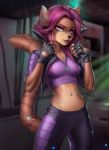  2020 5_fingers ailurid anthro breasts brown_nose clothed clothing detailed_background female fingers hair hi_res looking_at_viewer mammal midriff navel purple_eyes purple_hair red_panda solo vagabondbastard 