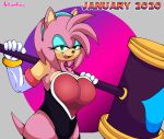  alternate_costume amy_rose anthro armor big_breasts breastplate breasts clothing clothing_swap eulipotyphlan female gloves hammer handwear hedgehog hi_res looking_at_viewer mammal simple_background solo sonic_the_hedgehog_(series) tight_clothing tools vellvetfoxie 