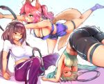  3girls alternate_hairstyle animal_ear_fluff animal_ears aqua_hair ass black_hair blush breasts brown_hair cleavage collarbone commentary commentary_request dragon_girl dragon_horns eyebrows_visible_through_hair fate/grand_order fate_(series) fox_ears fox_girl fox_tail gradient_hair hairband highres horns kiyohime_(fate/grand_order) large_breasts long_hair low_twintails midriff multicolored_hair multiple_girls multiple_horns navel osakabe-hime_(fate/grand_order) pink_hair purple_eyes shorts sports_bra sweat tail tamamo_(fate)_(all) tamamo_no_mae_(fate) trembling twintails very_long_hair wisespeak yellow_eyes 