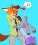  2018 anthro blue_background bottomwear canid canine clothed clothing disney duo eating food fox fully_clothed fur gloves_(marking) grey_body grey_fur hi_res holding_food holding_object judy_hopps lagomorph leporid m_it mammal markings musical_note necktie nick_wilde orange_body orange_fur pants pawpsicle popsicle rabbit reaching red_fox shirt simple_background topwear zootopia 