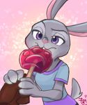  2018 abstract_background anthro clothed clothing disembodied_hand disney duo eating first_person_view food fully_clothed fur grey_body grey_fur hi_res holding_food holding_object judy_hopps lagomorph leporid m_it mammal naughty_face pawpsicle pink_nose popsicle purple_eyes rabbit suggestive zootopia 