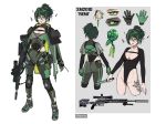  1girl :p absurdres ass bangs black_leotard black_nails breasts character_sheet cleavage cleavage_cutout closed_mouth collarbone commentary covered_navel cropped_legs danielle_brindle ear_piercing earrings eyebrows_visible_through_hair facial_scar flower girls_frontline gloves glowing glowing_eye green_eyes green_flower green_gloves green_hair green_rose grey_background grey_footwear grey_pants groin gun hair_between_eyes high_ponytail highleg highleg_leotard highres holding holding_knife jewelry knife leotard long_sleeves medium_breasts multiple_views nail_polish nose_scar original pants piercing ponytail rifle rose scar shoes shrug_(clothing) smile sniper_rifle sniper_scope standing suppressor tongue tongue_out tongue_piercing two-tone_background weapon white_background xm2010 