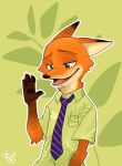  2019 anthro canid canine cheek_tuft clothed clothing dipstick_ears disney facial_tuft fox fur gesture green_background green_eyes hi_res m_it mammal multicolored_ears neck_tuft necktie nick_wilde open_mouth open_smile orange_body orange_fur pawpads red_fox shirt simple_background smile solo topwear tuft waving zootopia 