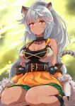  1girl absurdres animal_ear_fluff animal_ears bangs belt breasts brown_belt cleavage_cutout closed_mouth commentary dress gloves highres jewelry karu_(ricardo_2628) large_breasts latika_(shadowverse) long_hair necklace orange_dress orange_eyes paw_gloves paws shadowverse short_dress silver_hair sitting slit_pupils solo tail tan wariza white_gloves 