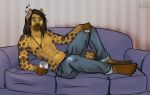  abs airpods anthro arm_support barefoot beverage blue_eyes bottomwear brown_hair clothed clothing cross cross_necklace feet fur furniture hair hyaenid jackalope_(artist) jeans jewelry listening_to_music long_hair male mammal muscular muscular_male music necklace nipples on_couch on_sofa pants paws reclining sitting sofa solo spots spotted_body spotted_fur topless 