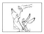  2016 anthro black_and_white blush bottomwear canid canine clothed clothing comic disney duo english_text fox fully_clothed fur holding_object judy_hopps lagomorph leporid looking_at_another mammal monochrome necktie nezz0810 nick_wilde pants rabbit reaching red_fox shirt smile text topwear zootopia 