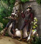 2020 5_fingers anthro black_hair canid canine clothed clothing day detailed_background digital_media_(artwork) elvofirida felid feline female fingers forest fox group hair hi_res holding_gun holding_object holding_weapon male mammal outside tree weapon 