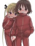  2girls blonde_hair blue_eyes brown_eyes brown_hair commentary cowboy_shot hand_in_pocket highres holding_hands hozonsui image_sample jacket kill_me_baby long_hair multiple_girls nose_drip oribe_yasuna pants red_jacket red_pants short_hair sonya_(kill_me_baby) standing track_jacket track_pants track_suit trembling twintails twitter_sample 