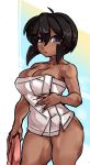  1girl ahoge black_hair bob_cut breasts cleavage collarbone dark_skin gunsmith_cats highres holding holding_towel impossible_towel large_breasts looking_at_viewer naked_towel purple_eyes rally_vincent solo standing thick_thighs thighs towel wet white_towel zana 