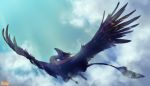  2020 ambiguous_gender black_body black_feathers day detailed_background digital_media_(artwork) dragon feathered_dragon feathered_wings feathers feral flying hi_res outside ravoilie sky solo wings wyvern 