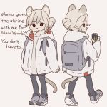  1:1 2020 anthro backpack beverage beverage_can clothed clothing dialogue energy_drink english_text female fur grey_background grey_body grey_fur grey_hair hair hair_bun holding_beverage holding_object holidays jacket kemono leggings legwear looking_at_viewer mammal monster_energy mouse murid murine new_year open_mouth rodent s1120411 short simple_background sneakers solo text topwear turtleneck walking 