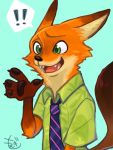  ! 2018 anthro blue_background canid canine cheek_tuft clothed clothing dipstick_ears disney facial_tuft fangs fox fur gloves_(marking) green_eyes hi_res m_it mammal markings multicolored_ears necktie nick_wilde open_mouth open_smile orange_body orange_fur pawpads red_fox shirt simple_background smile solo topwear tuft zootopia 