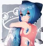  1girl back bakadebiru bare_back blue_bow blue_eyes blue_hair bow breasts cirno from_behind frozen_frog hair_bow highres ice ice_wings looking_at_viewer nude sideboob touhou wings 