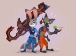  2019 ? anthro brown_body brown_fur cheek_tuft clothed clothing disney duo ear_tuft facial_tuft floatingliights fully_clothed fur grey_body grey_fur guardians_of_the_galaxy hand_on_hip head_tuft hi_res holding_gun holding_object holding_weapon inner_ear_fluff judy_hopps lagomorph leporid looking_at_another mammal marvel nikkim police_uniform procyonid rabbit raccoon rocket_raccoon simple_background standing tuft uniform weapon white_body white_fur zootopia 