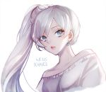  1girl blue_eyes character_name collarbone earrings ecru floating_hair jewelry long_hair looking_at_viewer off-shoulder_shirt off_shoulder parted_lips portrait rwby scar scar_across_eye shirt side_ponytail silver_hair simple_background solo very_long_hair weiss_schnee white_background white_shirt 