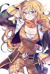  1girl bangs black_jacket blonde_hair breasts cleavage closed_mouth cowboy_shot ecru eyebrows_visible_through_hair fingerless_gloves floating_hair gloves hair_between_eyes hand_on_hip jacket long_hair looking_at_viewer medium_breasts open_clothes open_jacket orange_gloves overalls purple_eyes rwby shiny shiny_hair simple_background smile solo standing very_long_hair white_background yang_xiao_long 