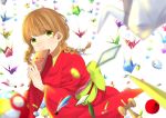  1girl blurry_foreground braid brown_hair furi08283370 green_eyes highres iroha_karuta japanese_clothes kendama kimono looking_at_viewer medium_hair obi origami original paper_crane red_kimono sash simple_background smile solo twin_braids twintails white_background wide_sleeves 