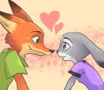  &lt;3 2019 abstract_background anthro canid canine clothed clothing cute_fangs dipstick_ears disney duo eye_contact fox fur green_eyes grey_body grey_fur hi_res inner_ear_fluff judy_hopps lagomorph leporid looking_at_another m_it mammal multicolored_ears nick_wilde orange_body orange_fur purple_eyes rabbit red_fox shirt side_view simple_background smile tan_background topwear tuft zootopia 