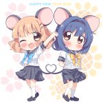  2020 2girls :d animal_ears arm_behind_head arms_behind_back black_footwear blonde_hair blue_hair blue_skirt blush bow brown_eyes cat_ears chibi clenched_hand commentary_request english_text fake_animal_ears fang furutani_himawari hair_intakes hair_ornament hairband hairclip happy_new_year heart heart_tail_duo highres looking_at_viewer multiple_girls new_year one_eye_closed oomuro_sakurako open_mouth shiny shiny_hair shoes skirt smile socks stretch takahero white_legwear yuru_yuri 