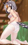  1girl ass back bare_arms bare_shoulders bird_tail black_hair blurry blurry_background bra breasts brown_eyes dressing flat_ass from_behind grey_hair indoors kemono_friends kneeling looking_at_viewer looking_back medium_hair multicolored_hair northern_white-faced_owl_(kemono_friends) open_mouth orange_hair owl_ears panties panties_under_pantyhose pantyhose see-through small_breasts soles solo tadano_magu tail toes underwear white_bra white_legwear white_panties 