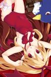  1girl blonde_hair blush bow breasts covered_navel demon_wings disgaea earrings flonne flonne_(fallen_angel) from_above hair_ribbon hairband heart heart_earrings iwasi-r jewelry leotard long_hair looking_at_viewer lying makai_senki_disgaea on_back pointy_ears prinny red_eyes red_leotard red_ribbon ribbon small_breasts smile solo white_bow wings 