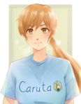  1girl absurdres artist_name ayase_chihaya blue_shirt blush brown_eyes brown_hair chihayafuru highres hivern long_hair looking_at_viewer ponytail shirt short_sleeves solo sweat sweatdrop t-shirt upper_body 