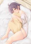  1girl ass bedroom eyebrows_visible_through_hair hair_between_eyes kantai_collection lying ne_an_ito on_side one_eye_closed panties pillow purple_hair sakawa_(kantai_collection) short_hair sleepwear solo underwear white_panties yellow_eyes 