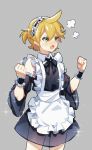  1boy =3 alternate_costume apron bare_shoulders black_dress blonde_hair blush chi_ya clenched_hands commentary crossdressing dress enmaided frilled_apron frills green_eyes grey_background hands_up highres kagamine_len maid maid_apron maid_dress maid_headdress male_focus off-shoulder_dress off_shoulder open_mouth see-through see-through_skirt short_ponytail skirt sparkle spiked_hair v-shaped_eyebrows vocaloid wrist_cuffs 