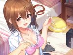 :d alarm_clock bag bag_charm bed bookbag breasts brown_eyes brown_hair charm_(object) clock frills hand_up highres holding_hand indoors jewelry kouhai_shoujo looking_at_viewer macaron_pillow medium_breasts medium_hair mimikaki necklace necktie necktie_removed official_art open_mouth pillow rug sitting skirt smile socks super_nagoyaka 