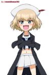  1girl :d artist_name bangs black_coat blonde_hair blouse blue_eyes coat commentary cosplay cowboy_shot crossed_arms dixie_cup_hat fang girls_und_panzer hat hat_feather katyusha_(girls_und_panzer) kayabakoro long_sleeves looking_at_viewer midriff military_hat miniskirt navel navy_blue_neckwear neckerchief ogin_(girls_und_panzer) ogin_(girls_und_panzer)_(cosplay) ooarai_naval_school_uniform open_clothes open_coat open_mouth oversized_clothes pleated_skirt sailor sailor_collar school_uniform short_hair simple_background skirt sleeves_past_fingers sleeves_past_wrists smile smirk smug solo twitter_username v-shaped_eyebrows white_background white_blouse white_headwear white_skirt 