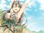  1girl ;d armpits arms_up ayakashi_kyoushuutan blush breasts cart cleavage cloud cura day floral_print green_eyes grey_hair hair_between_eyes hair_leaf highres hill large_breasts looking_at_viewer monobeno one_eye_closed oni_horns open_mouth outdoors red_horns sleeveless smile solo tooko_(monobeno) wind 