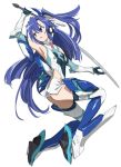  1girl bangs blue_eyes blue_hair blue_legwear boots commentary_request elbow_gloves floating full_body gloves greaves headgear highres holding holding_sword holding_weapon ikezawa_shin kazanari_tsubasa leotard long_hair looking_to_the_side magical_girl one_side_up parted_lips senki_zesshou_symphogear side_cutout simple_background solo sword thigh_boots thighhighs very_long_hair weapon white_background white_gloves white_leotard 