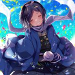  1boy ^_^ black_hair blue_sky blush bow closed_eyes grin hair_bow hakama haori head_tilt japanese_clothes male_focus mole mole_under_eye petals pom_pom_(clothes) ponytail scarf shinsengumi sky smile touken_ranbu uguisu_mochi_(ykss35) white_scarf yamato-no-kami_yasusada 