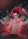  1boy bracelet cony_(comicsun) dark_background facial_mark flower forehead_mark hands_up jewelry long_hair looking_at_viewer male_focus navel ne_zha_(2019_movie) nezha nude petals red_eyes red_hair red_nails red_scarf scarf see-through silk wading 