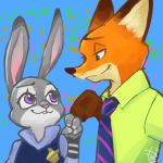  1:1 2018 abstract_background anthro canid canine clothed clothing disney duo eye_contact fist_bump fox fur gesture green_eyes grey_body grey_fur hi_res judy_hopps lagomorph leporid looking_at_another m_it mammal necktie nick_wilde orange_body orange_fur pink_nose purple_eyes rabbit red_fox shirt topwear zootopia 