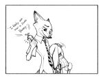  2016 anthro black_and_white bottomwear canid canine carrot_pen clothed clothing comic disney duo english_text fox fully_clothed fur holding_object judy_hopps lagomorph leporid looking_at_another mammal monochrome necktie nezz0810 nick_wilde pants rabbit red_fox shirt text topwear zootopia 