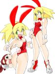  1girl animal_ears asimatosinosin ass bare_legs blonde_hair bow bowtie breasts bunny_ears bunny_tail cowboy_shot cuffs data_(rockman_dash) eyebrows_visible_through_hair full_body green_eyes highres leotard long_hair multiple_views open_mouth red_leotard red_neckwear rockman rockman_dash roll_caskett shoes simple_background small_breasts tail white_background 