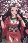  1girl :d absurdres bamboo bangs bit_gag black_hair blurry blurry_background blush breasts checkered cleavage commentary_request depth_of_field flower forehead gag hair_flower hair_ornament hairclip highres japanese_clothes kamado_nezuko kimetsu_no_yaiba kimono long_hair medium_breasts obi open_clothes open_mouth parted_bangs pink_kimono red_eyes red_flower sash short_sleeves smile solo tree_branch upper_teeth user_wpch8538 very_long_hair wide_sleeves 