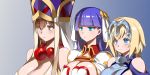  3girls bead_necklace beads blonde_hair blue_eyes braid breasts brown_eyes brown_hair cleavage earrings fate/grand_order fate_(series) hat highres hoop_earrings jeanne_d&#039;arc_(fate) jeanne_d&#039;arc_(fate)_(all) jewelry large_breasts long_hair multiple_girls necklace purple_hair saint_martha xuanzang_(fate/grand_order) yostxxx 