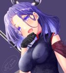  1girl :d alternate_costume black_gloves blush breasts china_dress chinese_clothes dress gloves headgear ittokyu kantai_collection large_breasts looking_at_viewer open_mouth purple_eyes purple_hair short_hair smile tatsuta_(kantai_collection) 