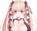  1girl :o azur_lane bangs between_breasts black_ribbon blush breasts cleavage collarbone detached_collar eyebrows_visible_through_hair formidable_(azur_lane) hair_ribbon highres large_breasts long_hair looking_at_viewer platinum_blonde_hair red_eyes ribbon simple_background solo twintails two-tone_ribbon upper_body white_background white_ribbon zhi_yu_(siro800102) 