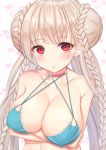  1girl azur_lane bangs bikini bikini_top blue_bikini blue_bikini_top blush braid braided_bun breasts collarbone covered_nipples crossed_arms double_bun eyebrows_visible_through_hair eyes_visible_through_hair formidable_(azur_lane) formidable_(the_lady_of_the_beach)_(azur_lane) heart heart_background highres large_breasts long_hair looking_at_viewer multi-strapped_bikini platinum_blonde_hair red_eyes solo swimsuit twintails upper_body white_background zhi_yu_(siro800102) 